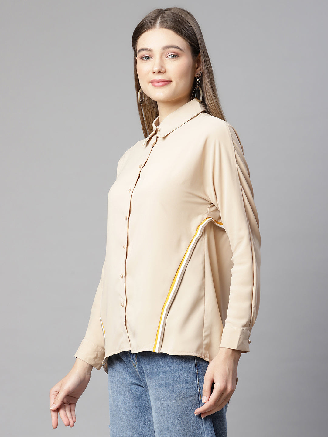 women beige striped long shirt