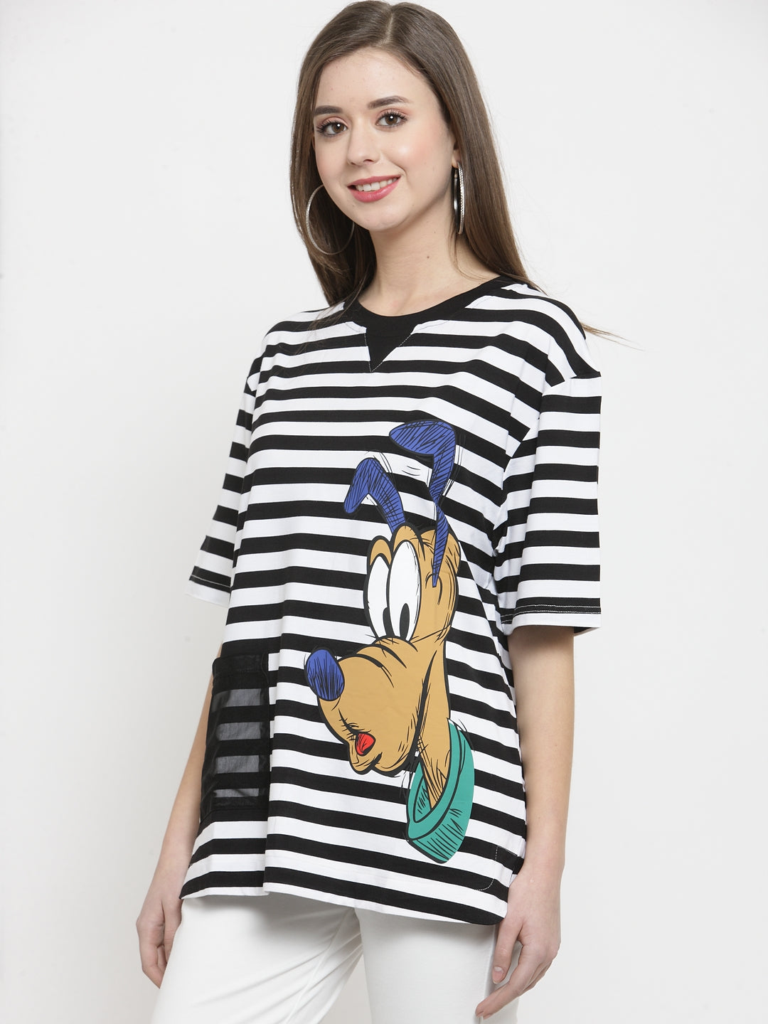 Women Black Striped Round Neck Regular Fit T-Shirts