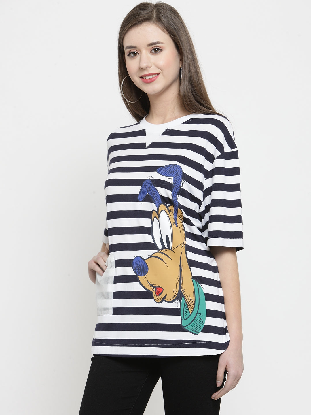 Women Navy Blue Striped Round Neck Regular Fit T-Shirts
