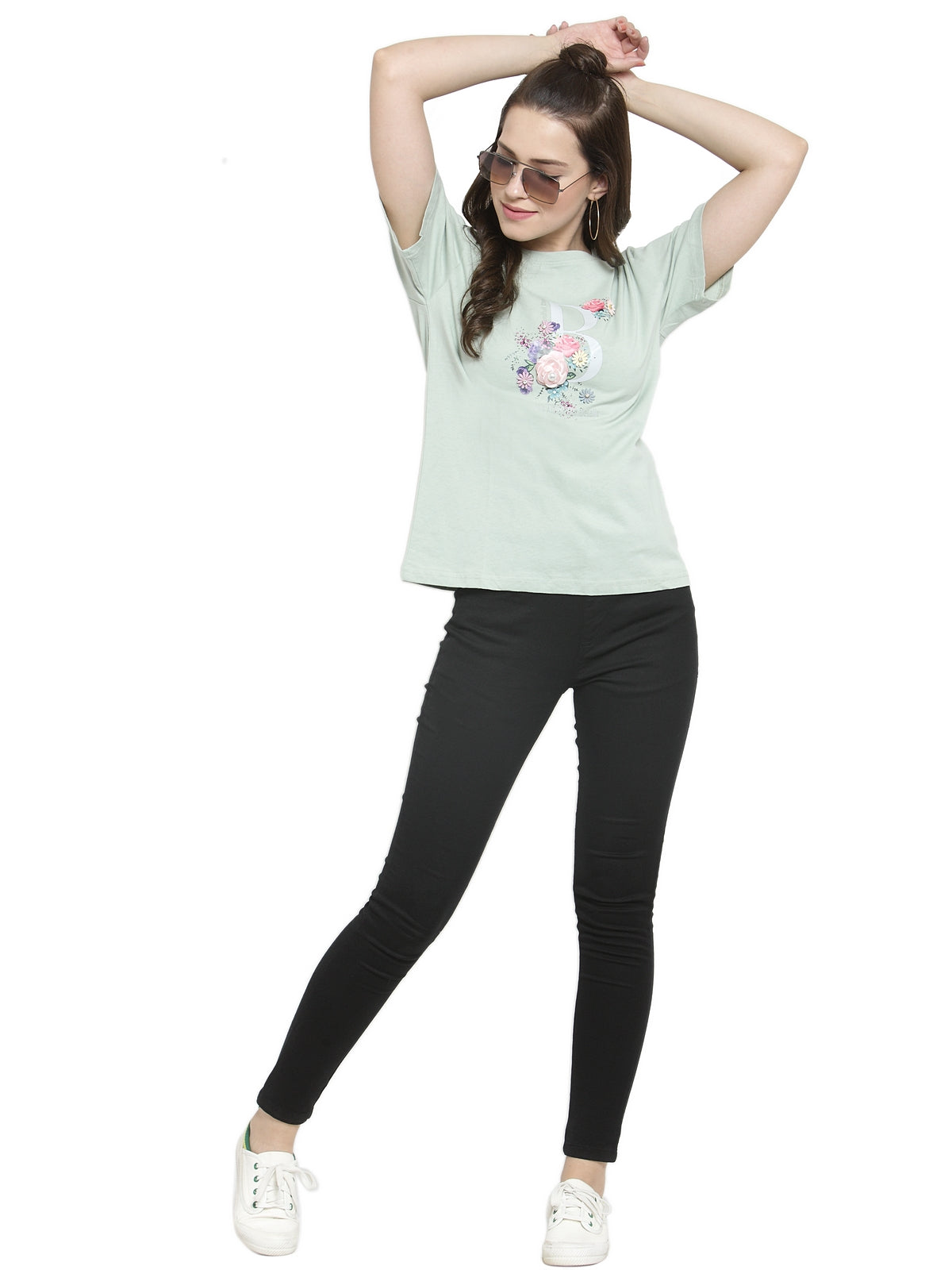 Women Green Printed Round Neck Regular Fit T-Shirts