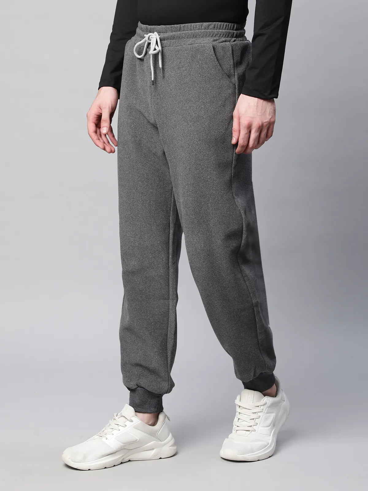 Grey Solid Cotton Blend Winter Joggers - Global Republic
