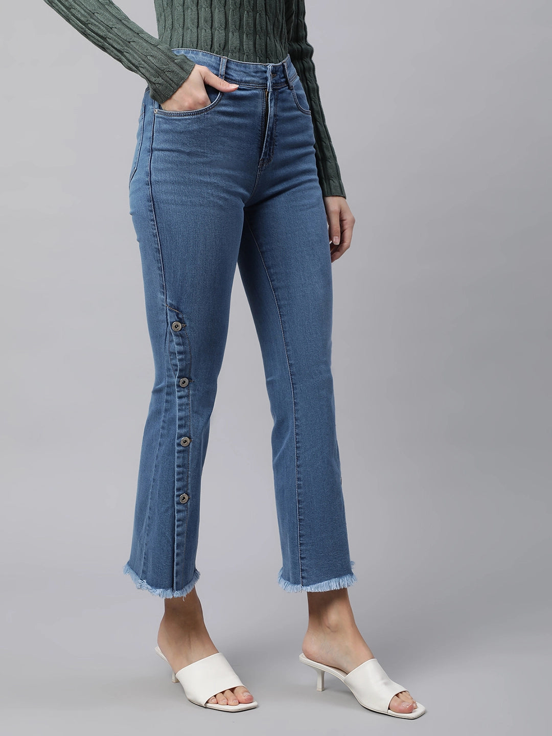 Women High Rise Blue Stylized Fit & Flare Jeans - Global Republic