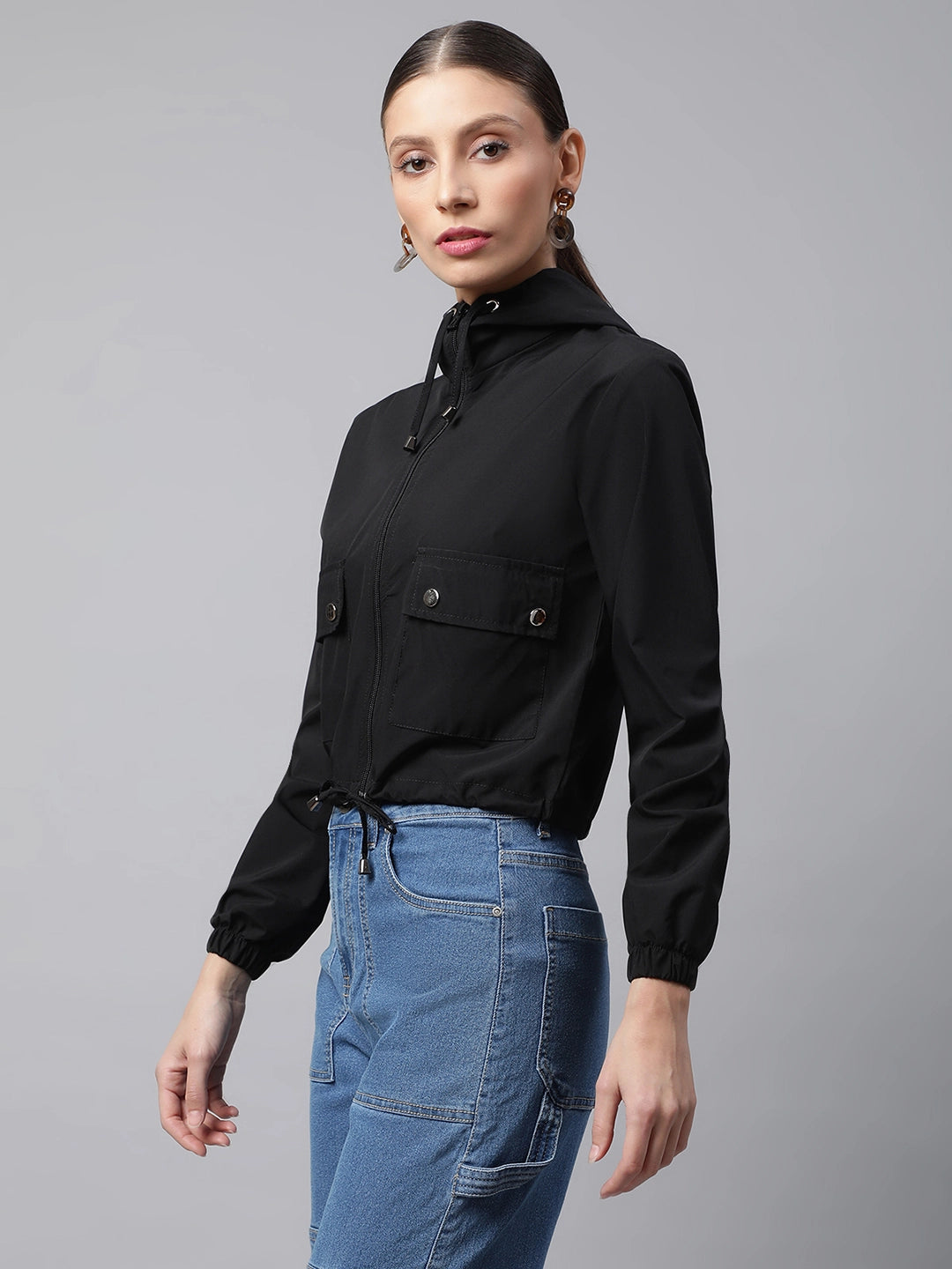 Black Hooded Cropped Jacket - Global Republic