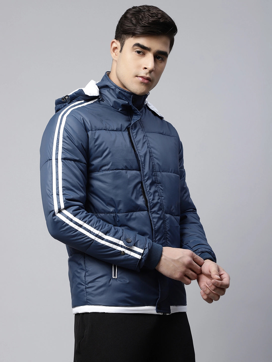 Navy Blue Detachable Hood Puffer Jacket - Global Republic
