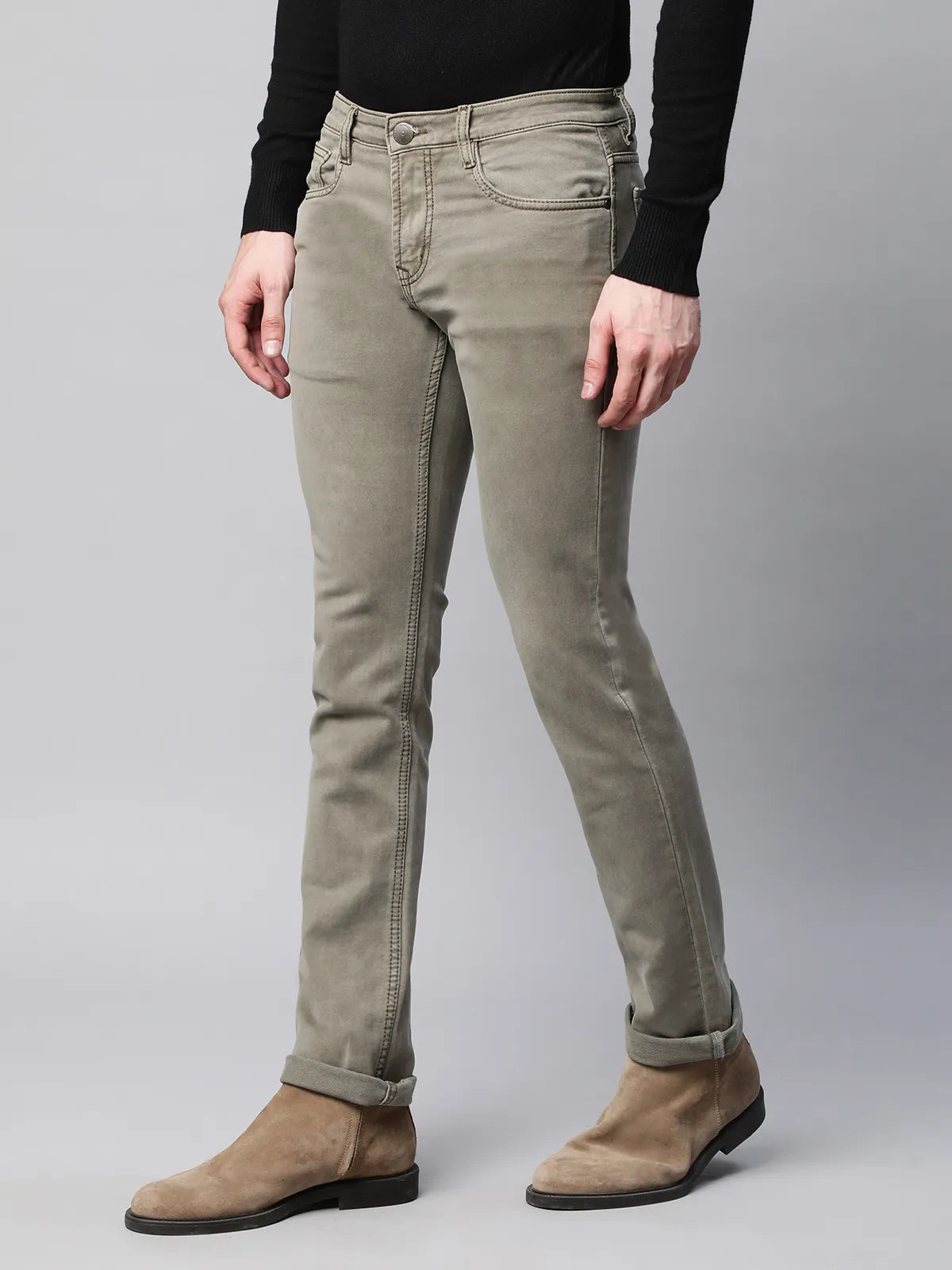 Mens Olive Slim Fit Medium Stretch 5-Pocket Jeans - Global Republic
