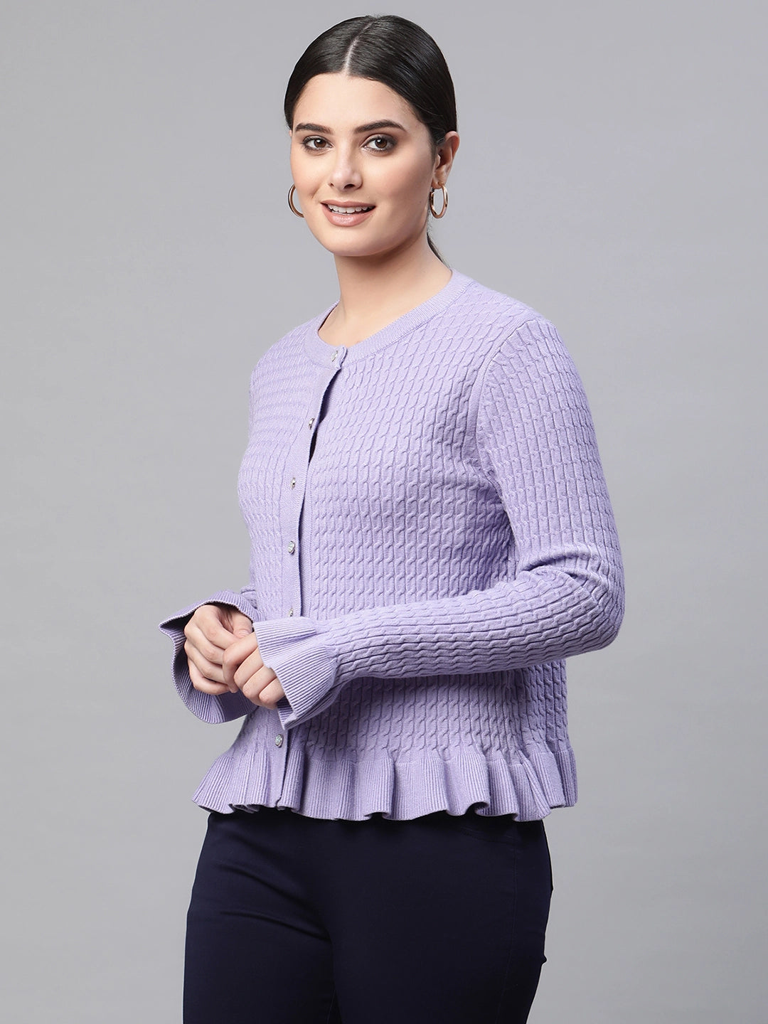 Full Sleeves Lavender Textured Regular Cardigan