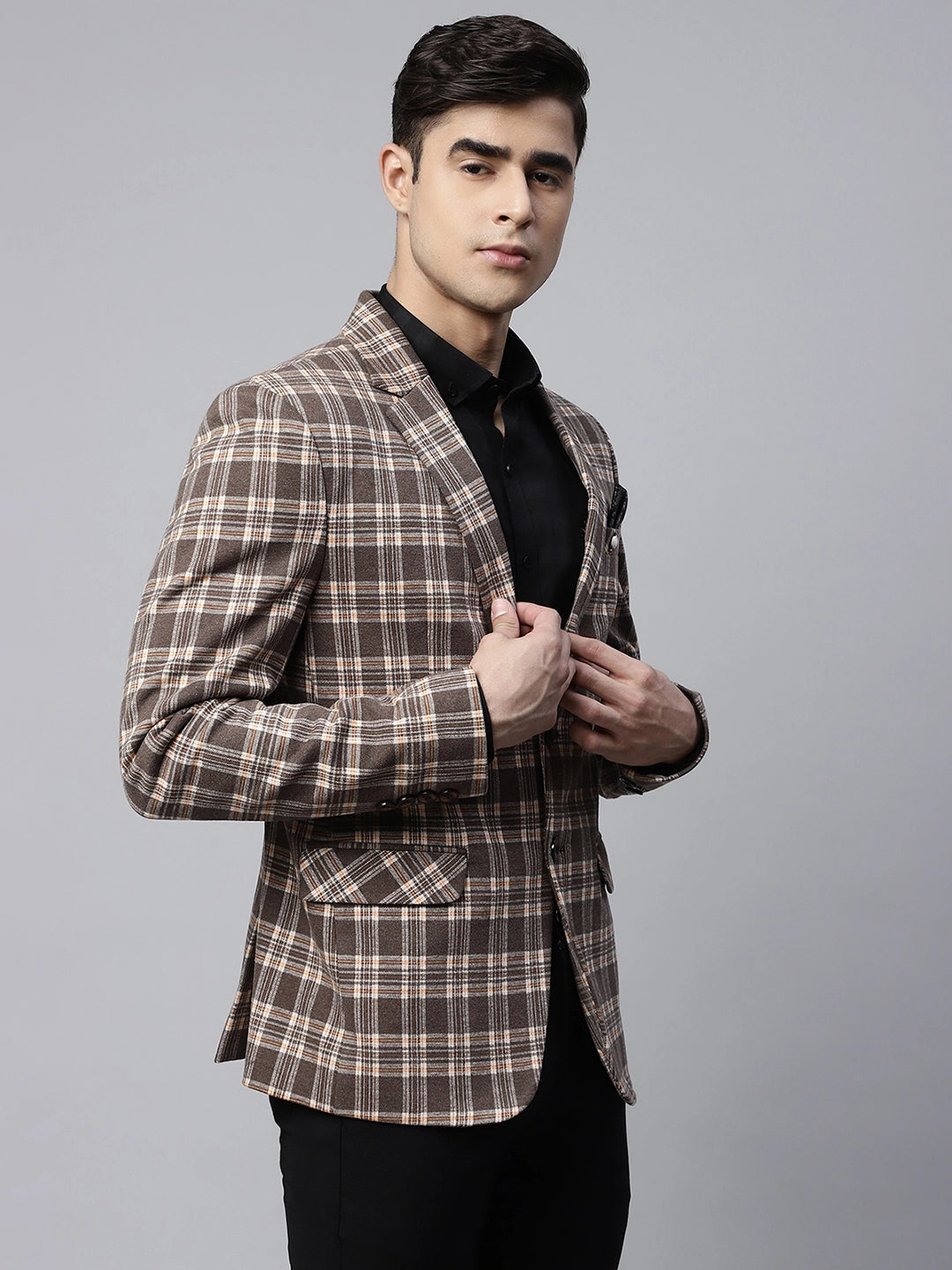 Mens Brown Tailored Fit Monochromatic Plaid Coat - Global Republic