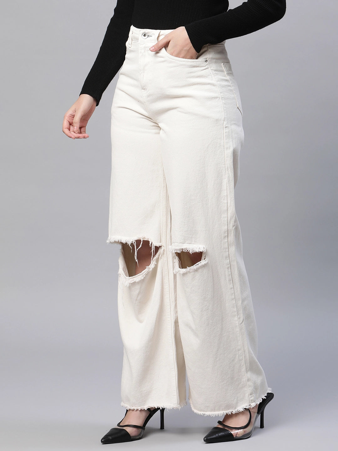 women off white denim solid jeans