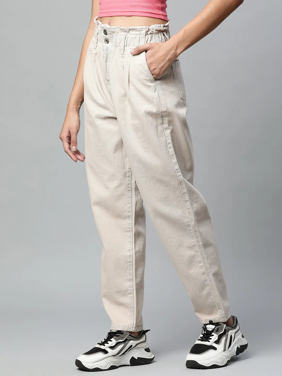 Women Tapered Full Length Beige Paper Waist Jeans - Global Republic