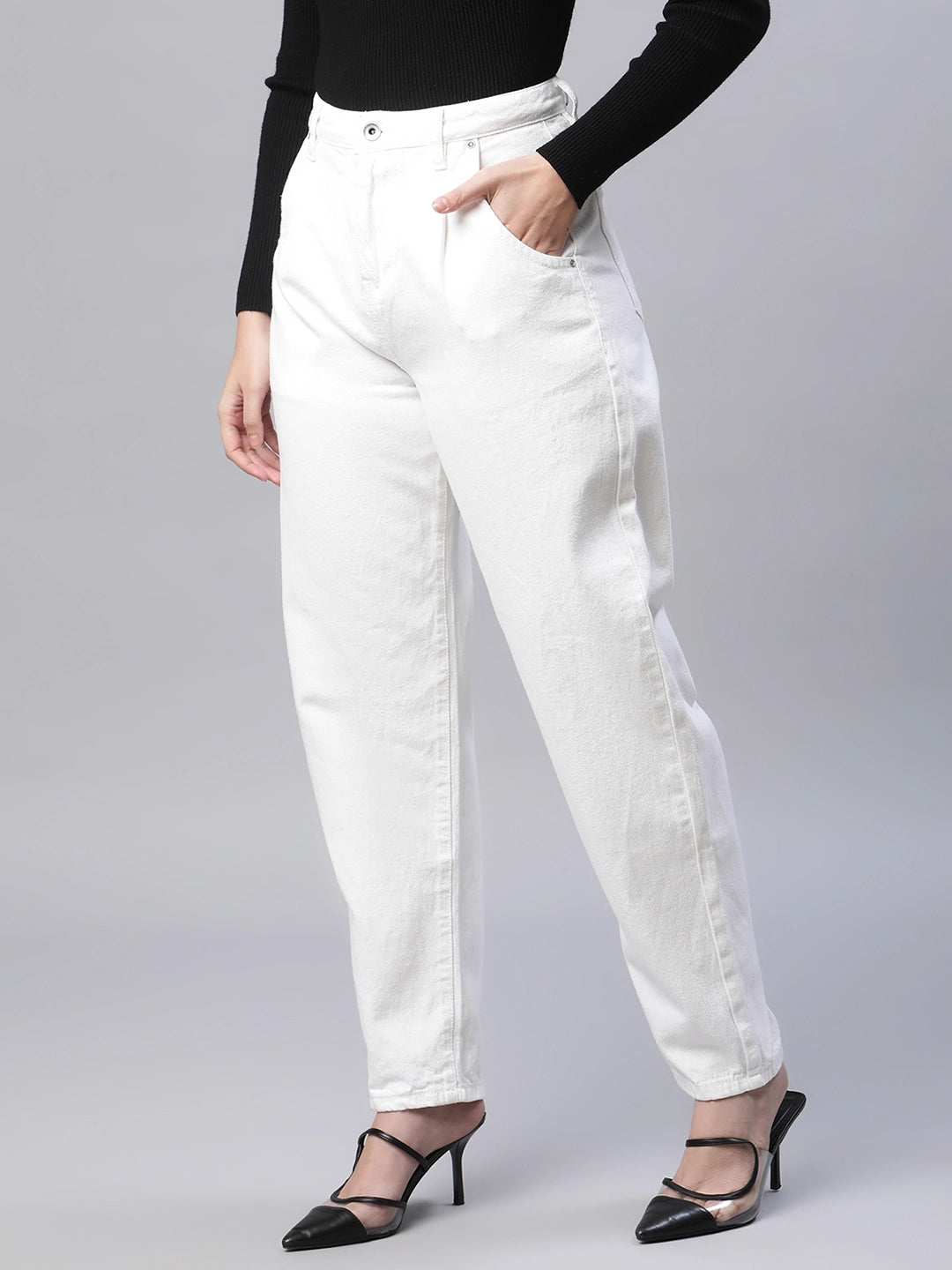 White Solid Loose Fit Jeans - Global Republic