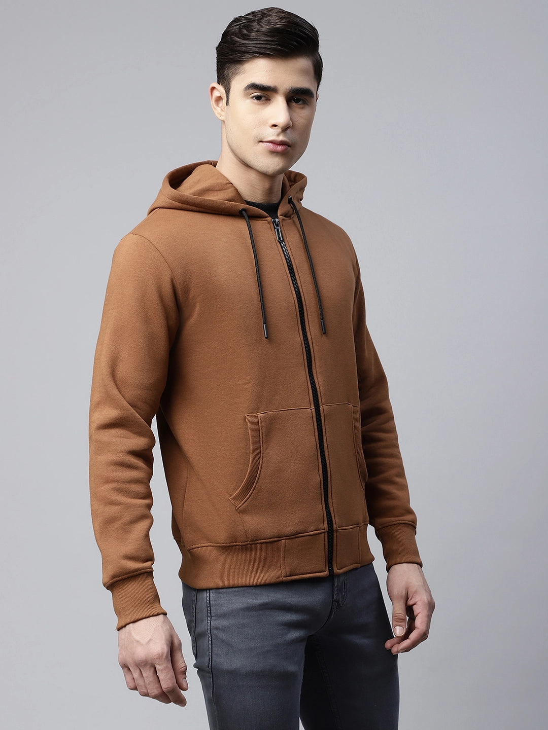 Mens Brown Solid Regular Fit Fleece Hooded Sweatshirt - Global Republic