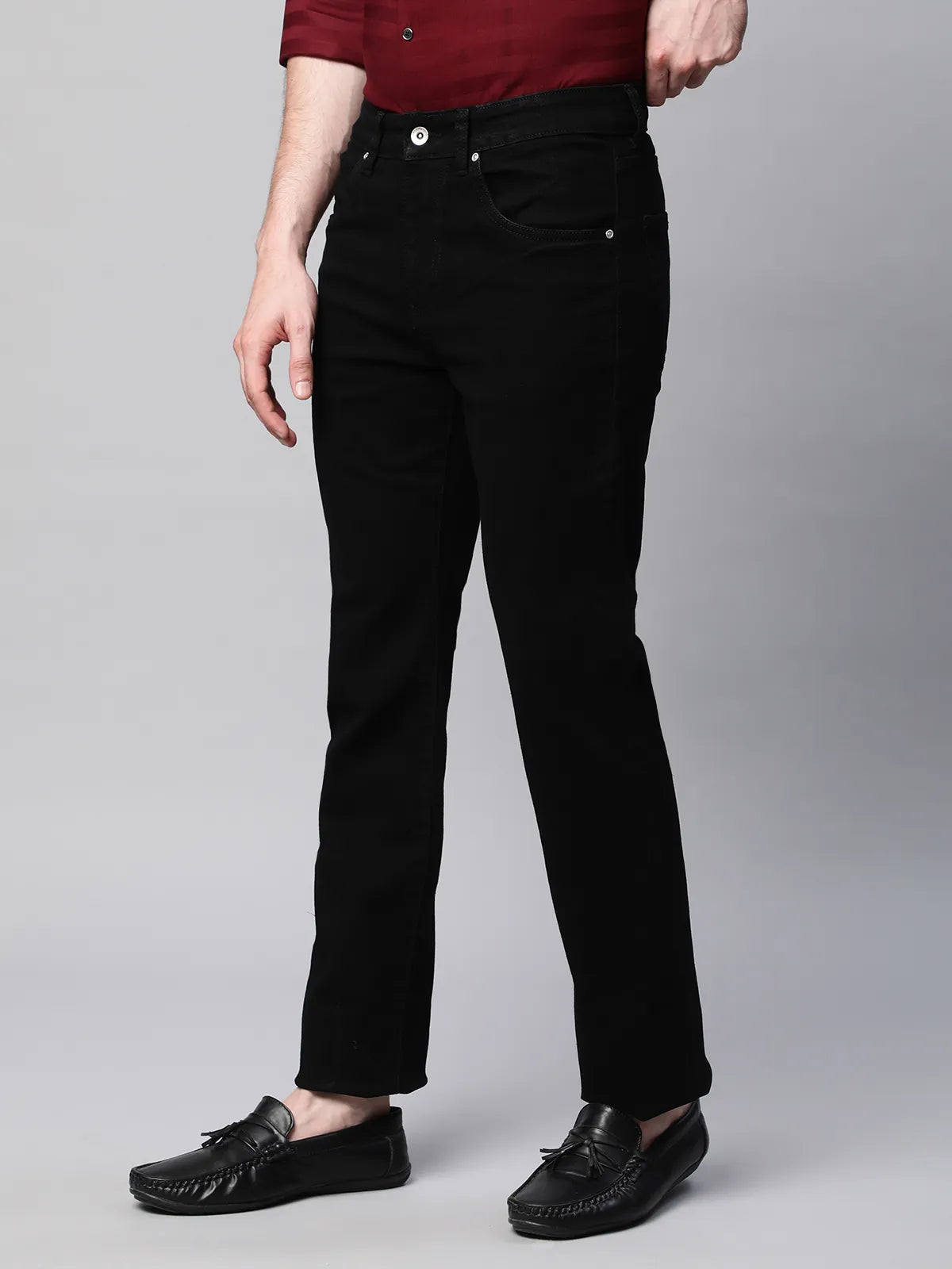 Mens Black Straight Fit Stone Wash 5-Pocket Jeans - Global Republic