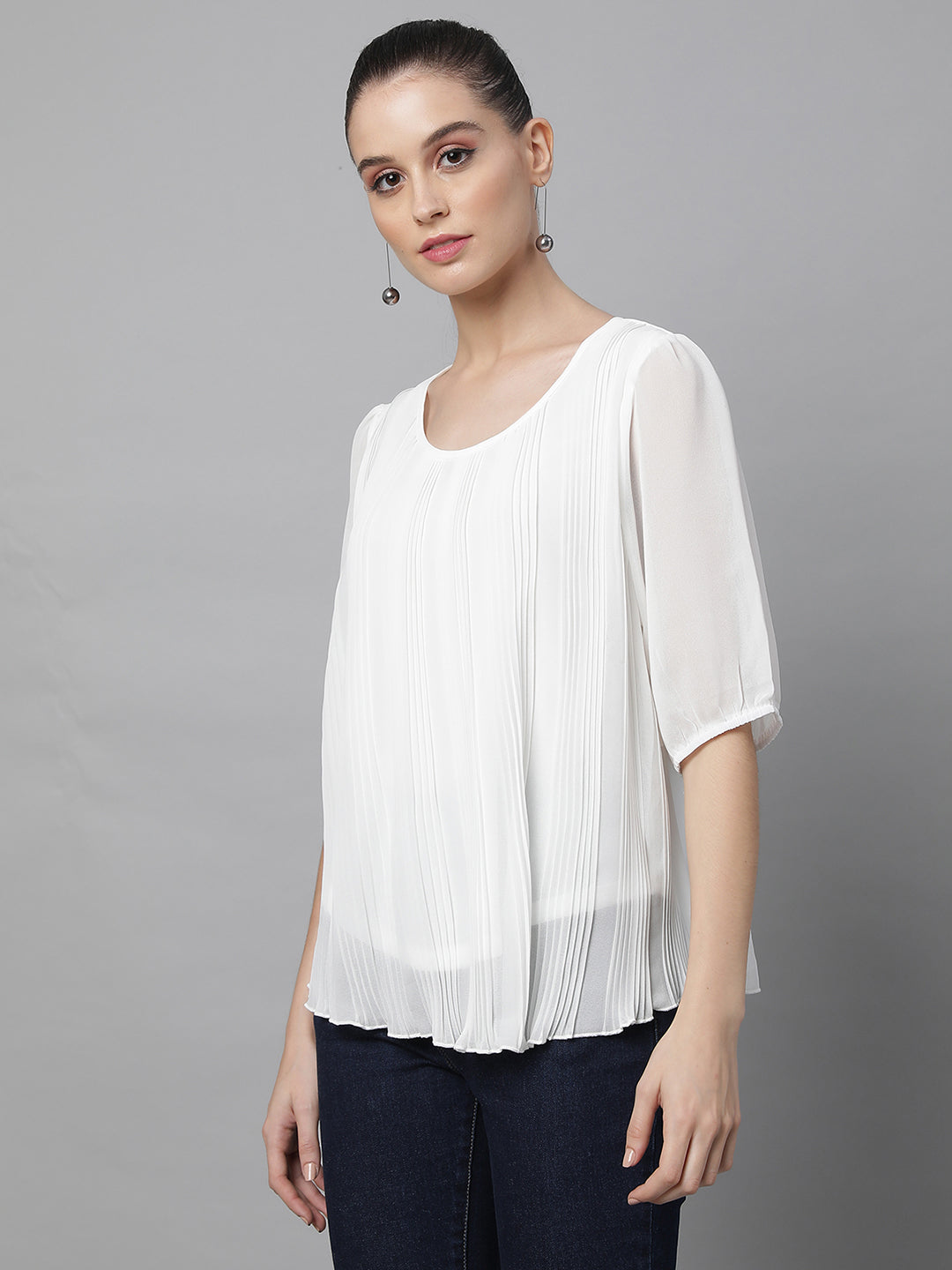 Oval Neck Flared Fit Blouson Top - Global Republic