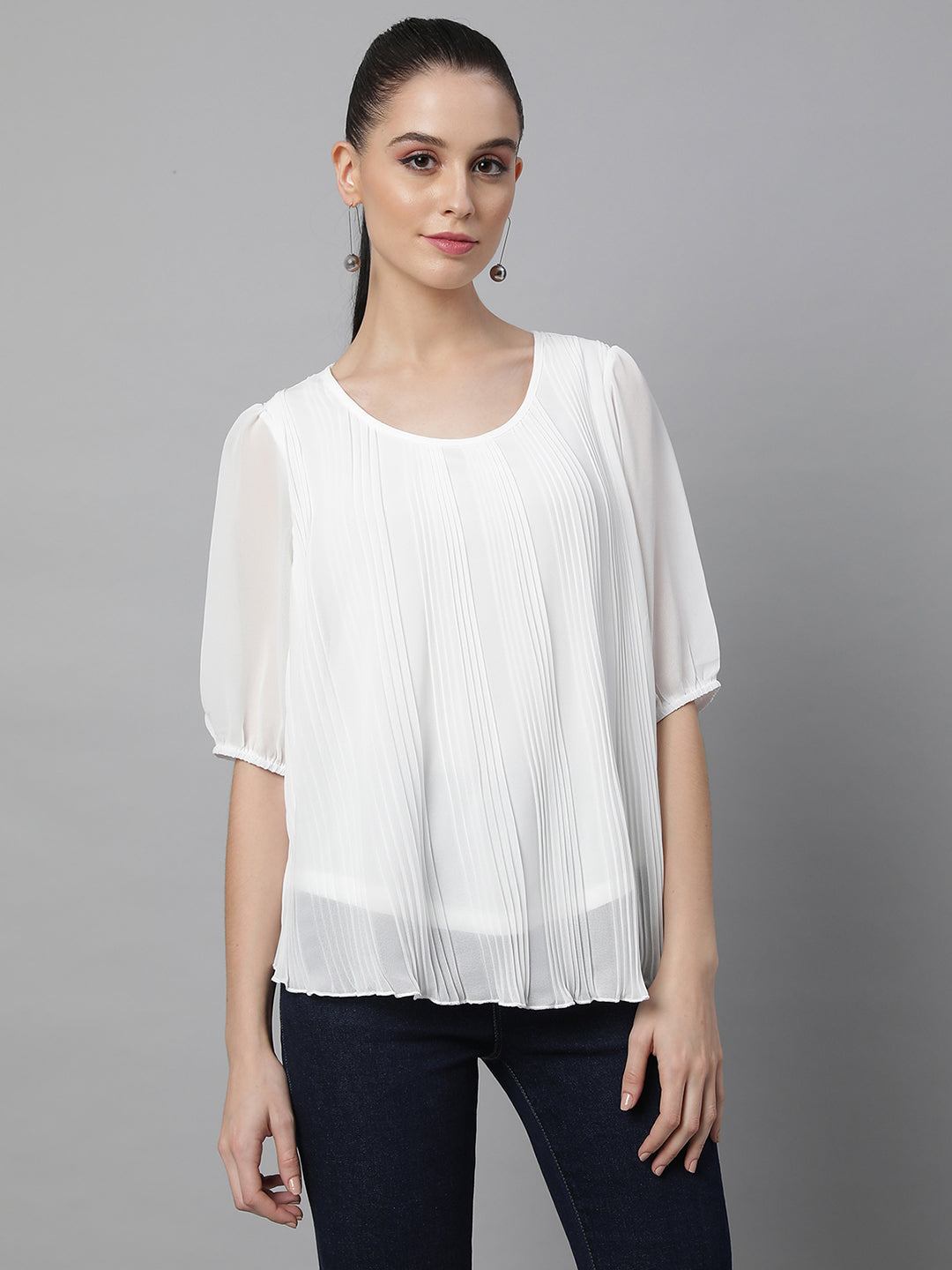 Oval Neck Flared Fit Blouson Top - Global Republic