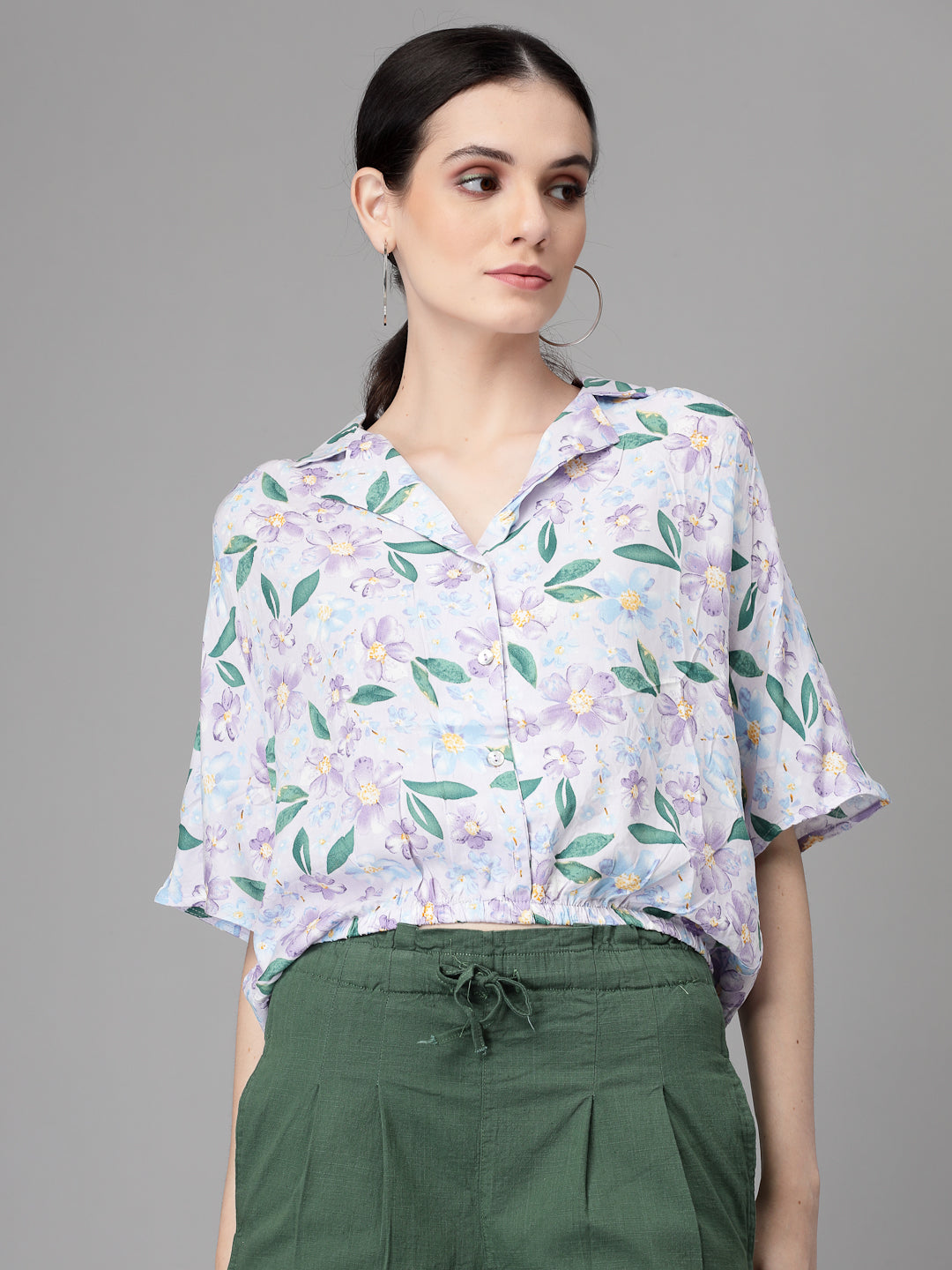 Collar Neck Printed Blouson Top - Global Republic