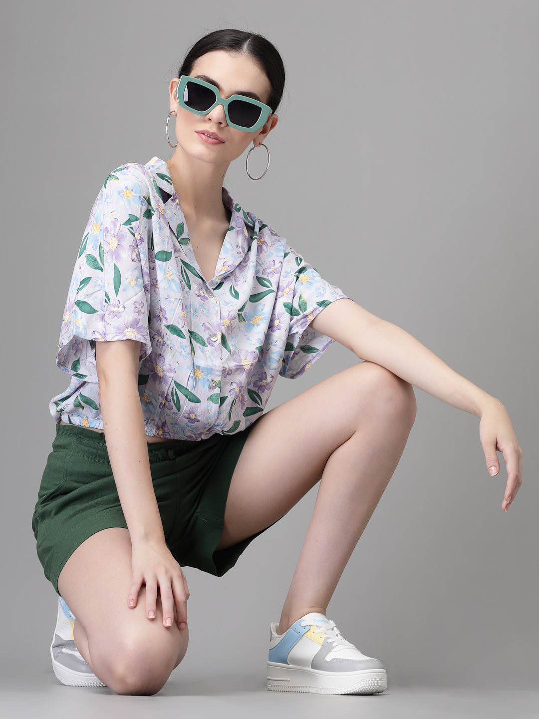 Collar Neck Printed Blouson Top - Global Republic