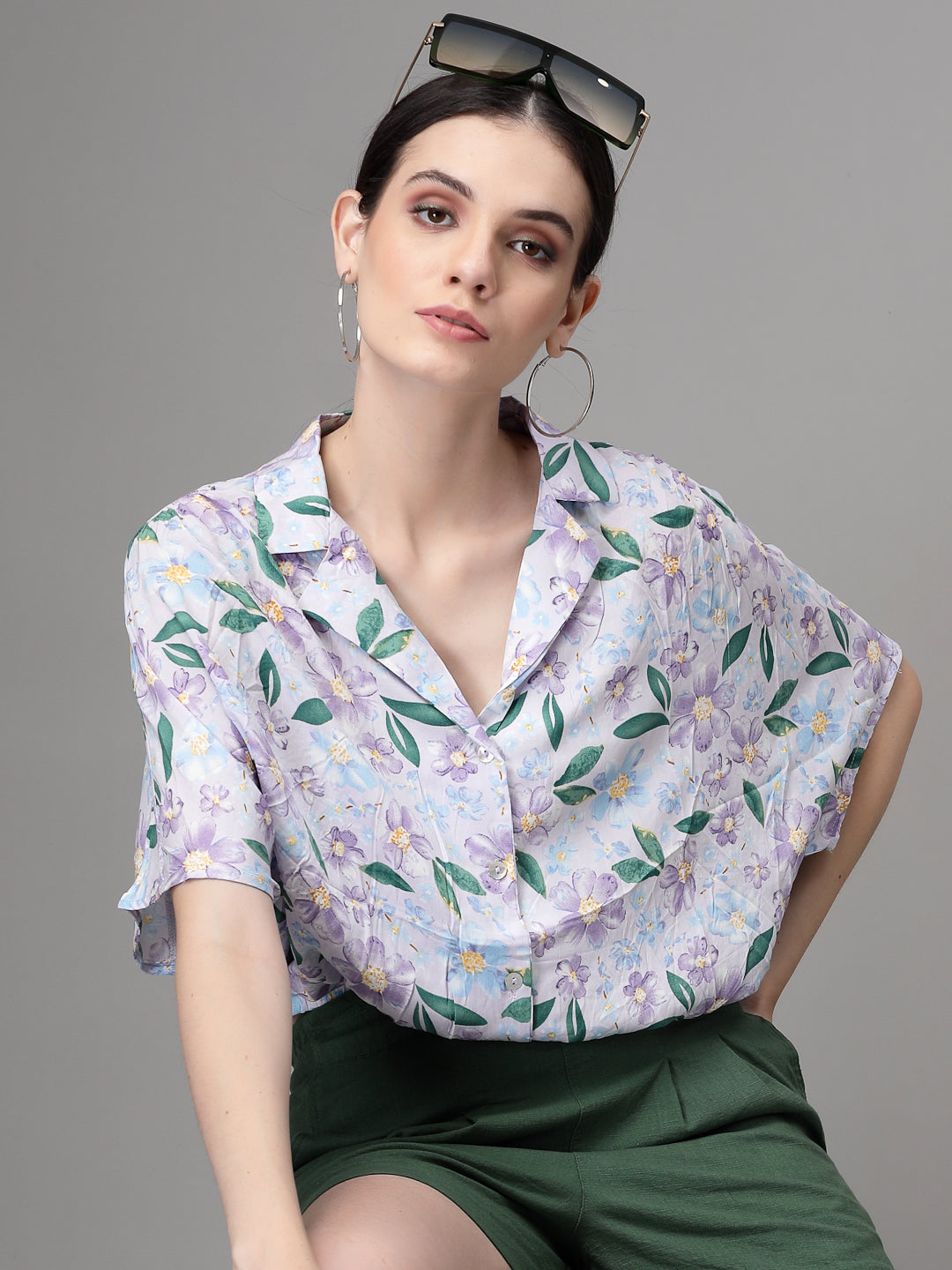 Collar Neck Printed Blouson Top - Global Republic