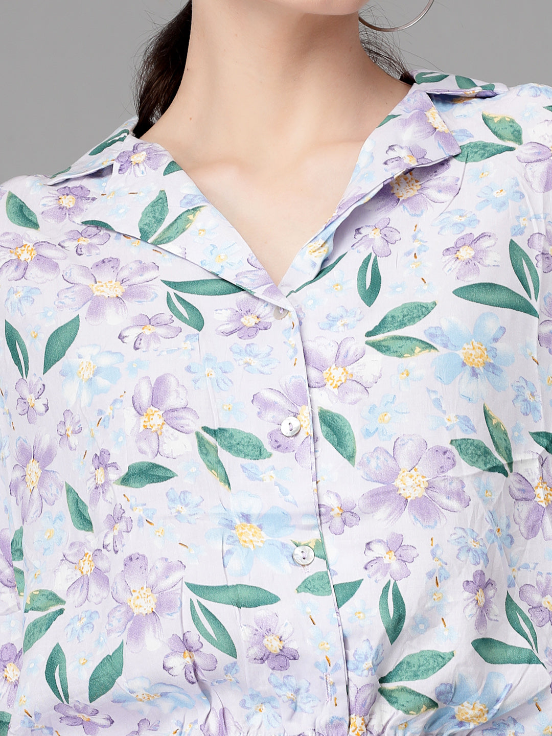 Collar Neck Printed Blouson Top - Global Republic