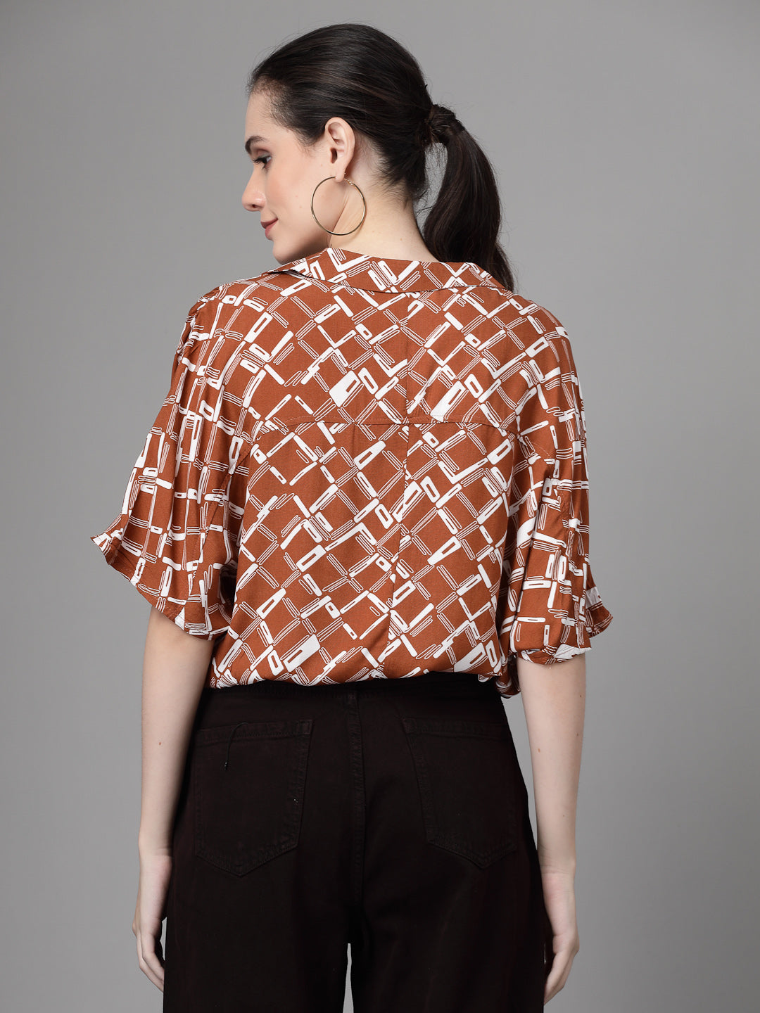 Collar Neck Printed Blouson Top - Global Republic