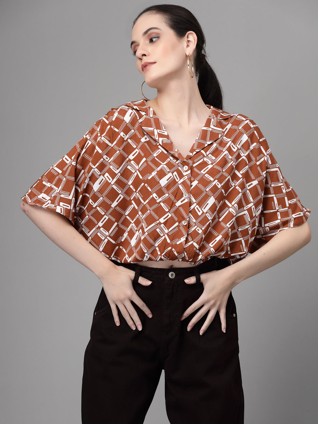 Collar Neck Printed Blouson Top - Global Republic
