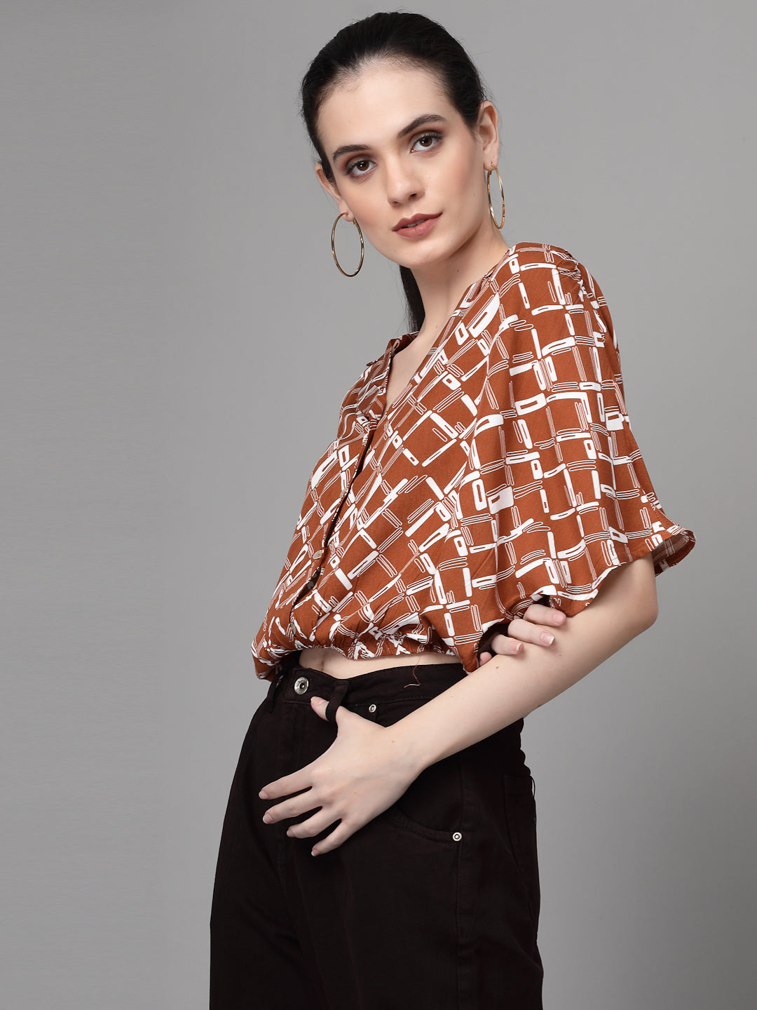 Collar Neck Printed Blouson Top - Global Republic