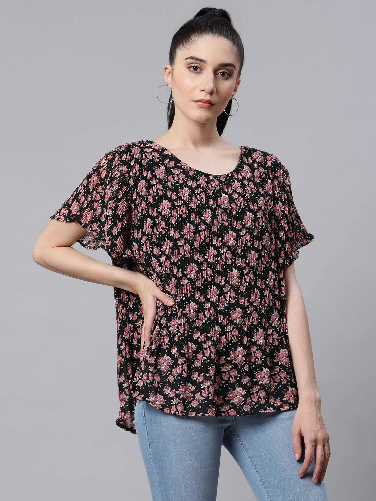 Women Floral Printed Black Loose Fit Party Blouson Top - Global Republic