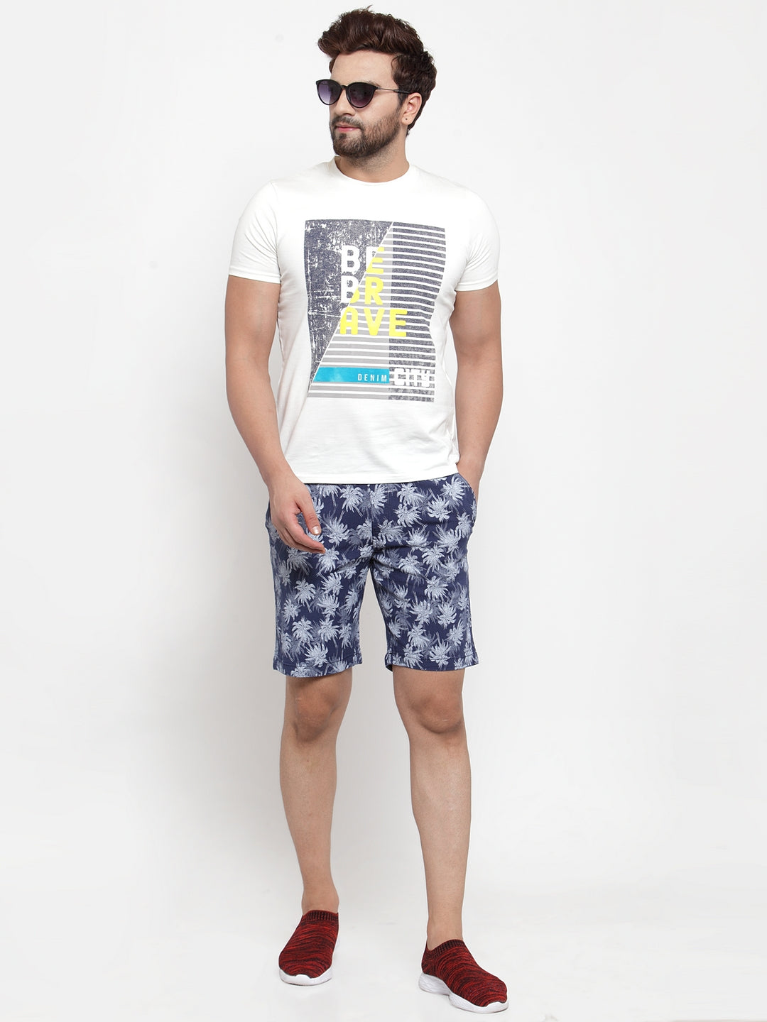 Mens Printed Navy Blue And Plain Sky Blue Combo Of 2 Shorts