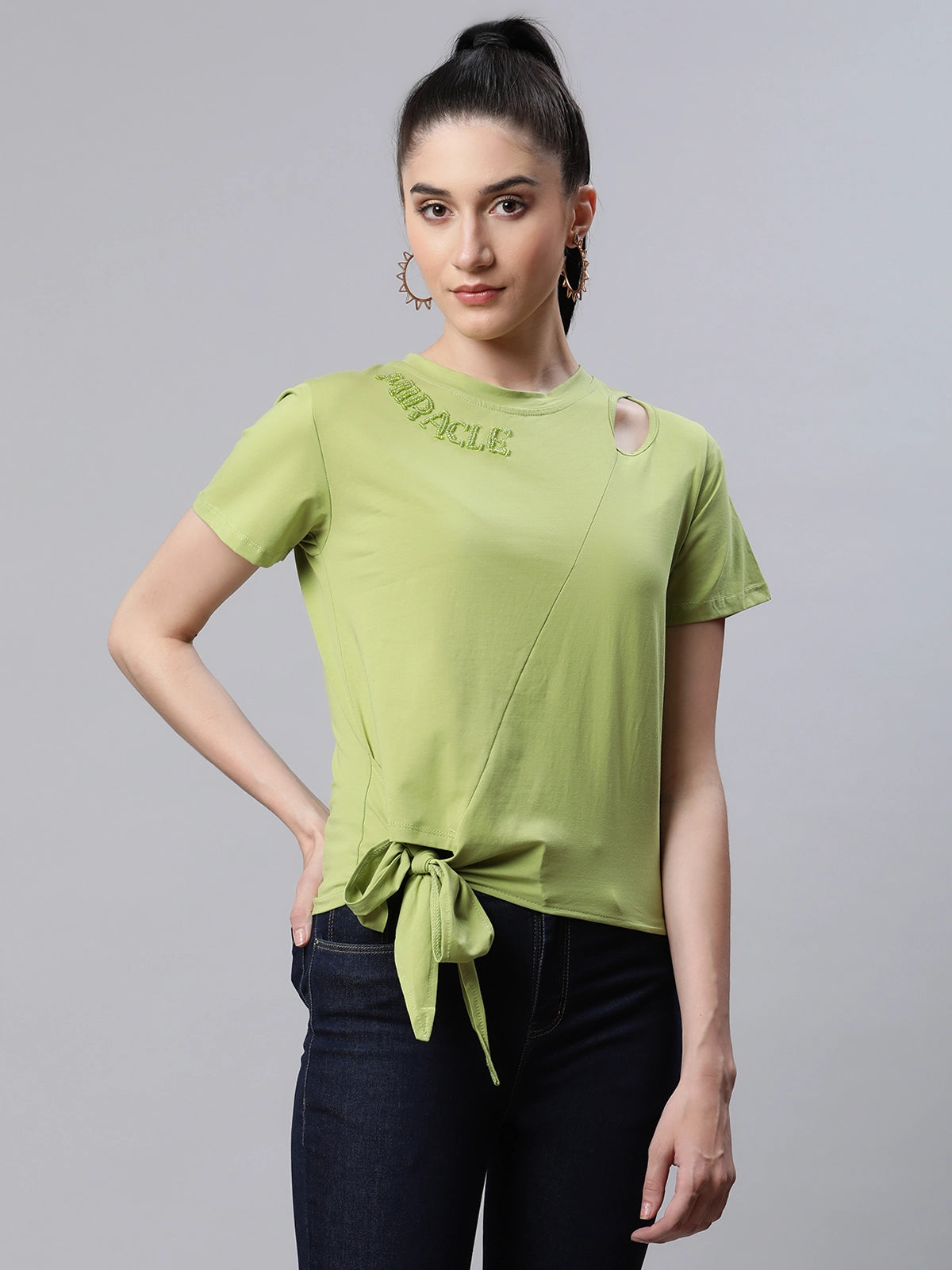 Women Regular Fit Bead Embroidered Leaf Green Top - Global Republic