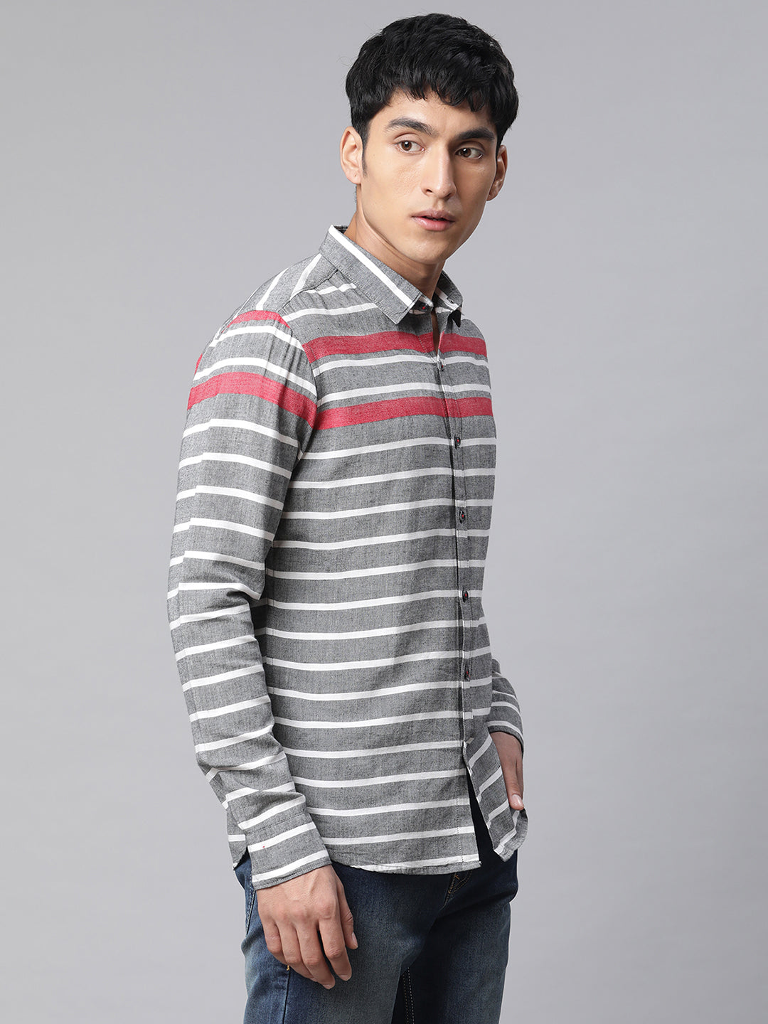 Men Striped printed Grey Horizontal Shirt - Global Republic