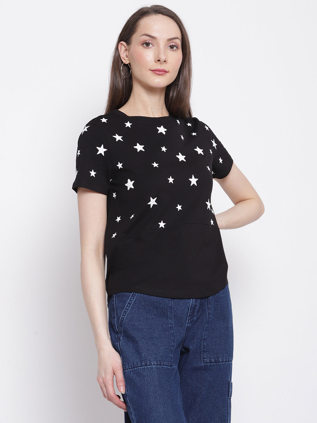Women Stars Printed Black Top
