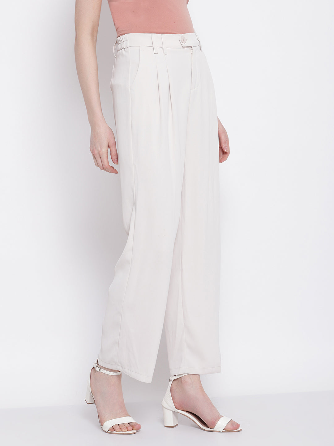 Women Relaxed-Fit Solid Beige Trouser Pants - Global Republic