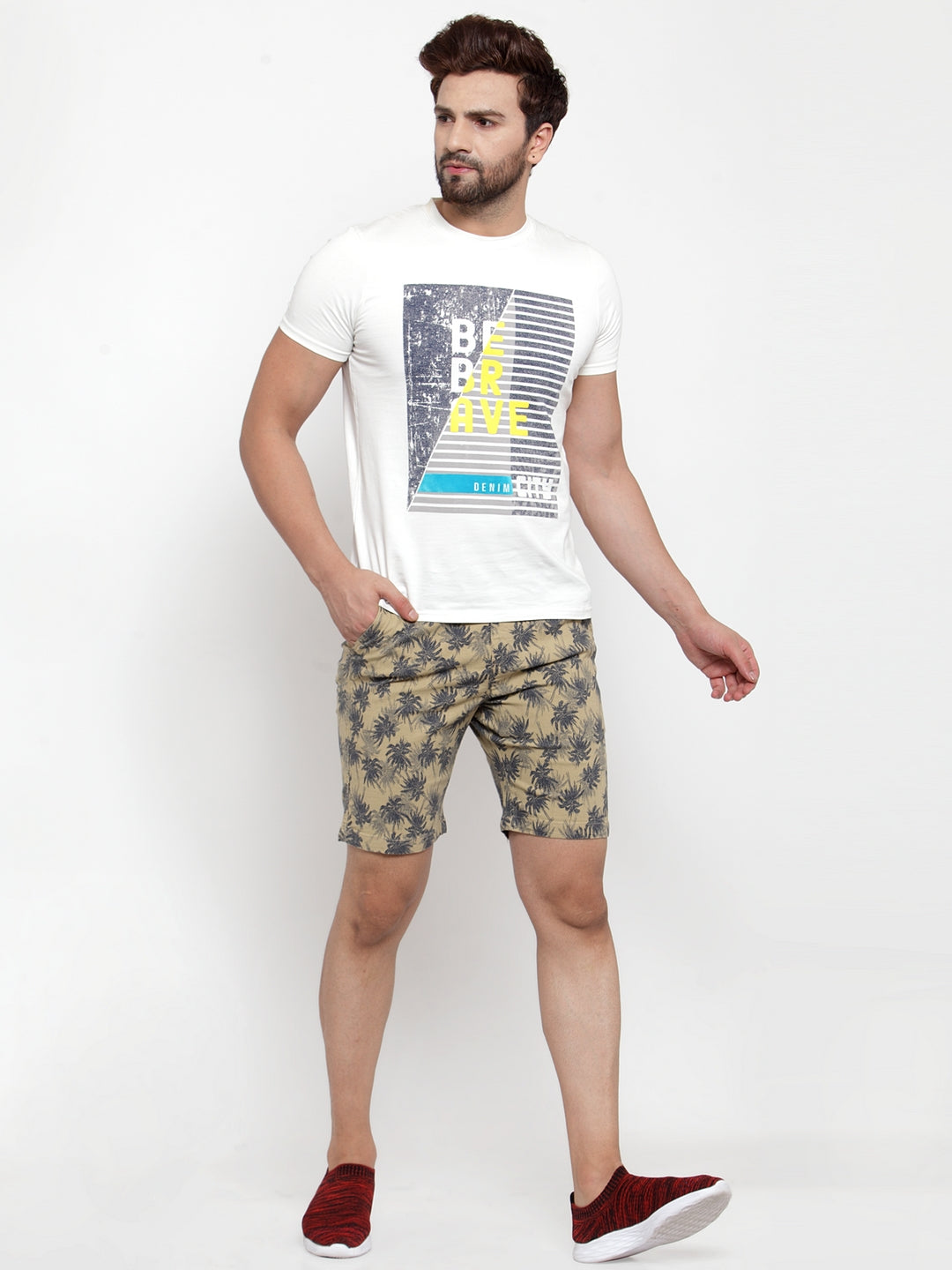 Mens Printed Beige And Plain Olive Combo Of 2 Shorts