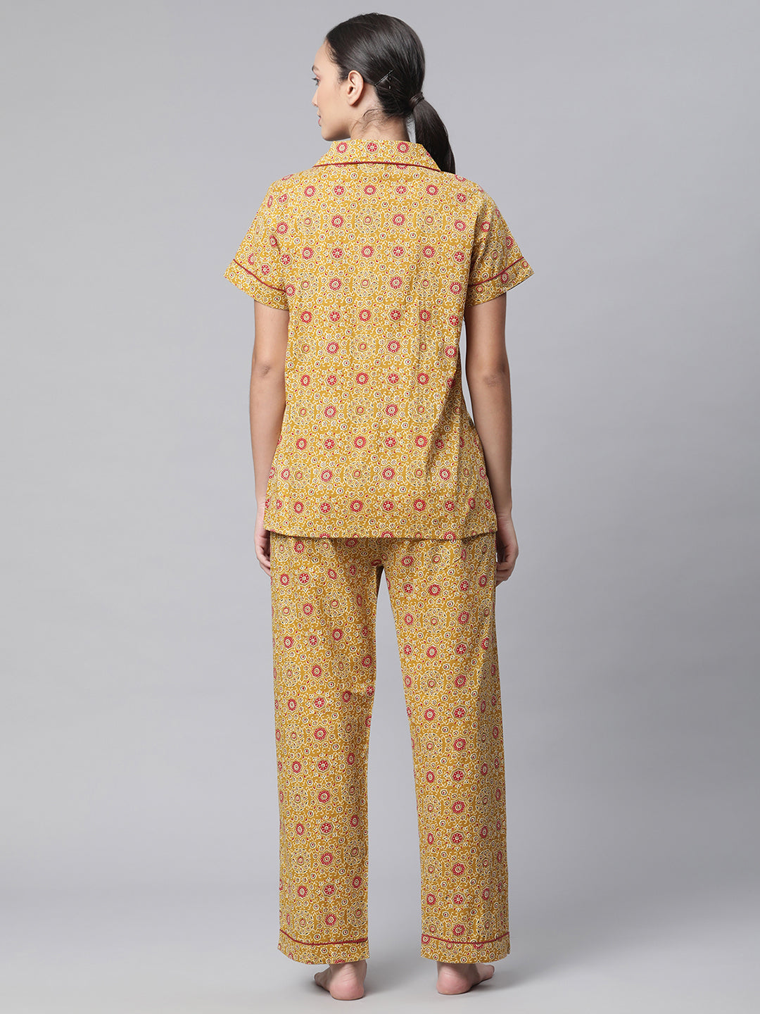 Women Mustard Cotton Printed Loose Fit Night Suit Set
