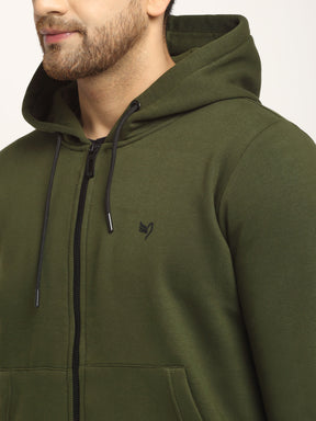 Men Olive Green Hosiery Solid Hooded Sweatshirt