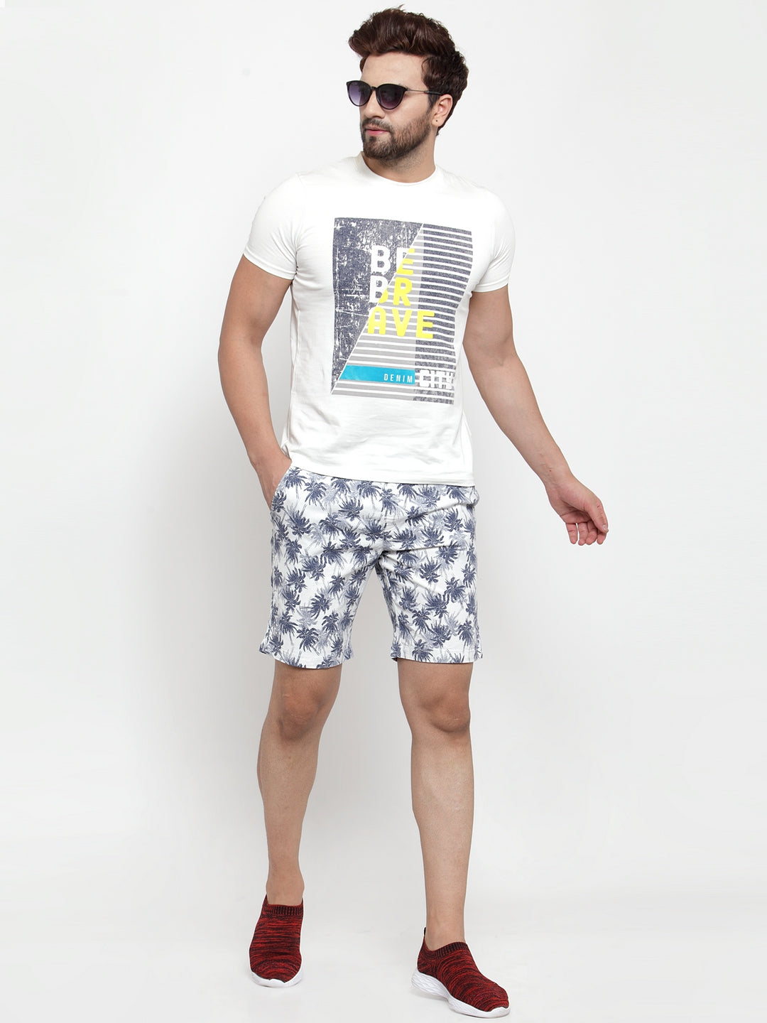 Mens Printed White And Plain Navy Blue Combo Of 2 Shorts