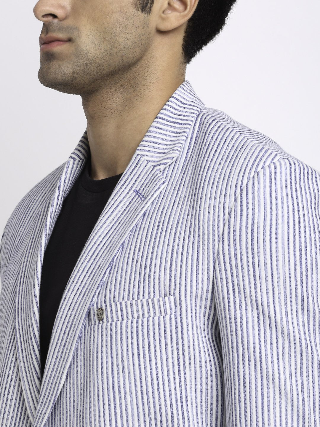Men Blue Notched Lapel Hosiery Striped Coat