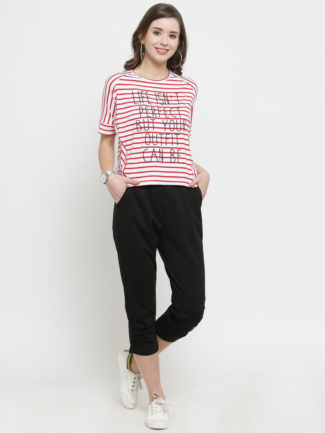 Women Red Striped Round Neck Regular Fit T-Shirts