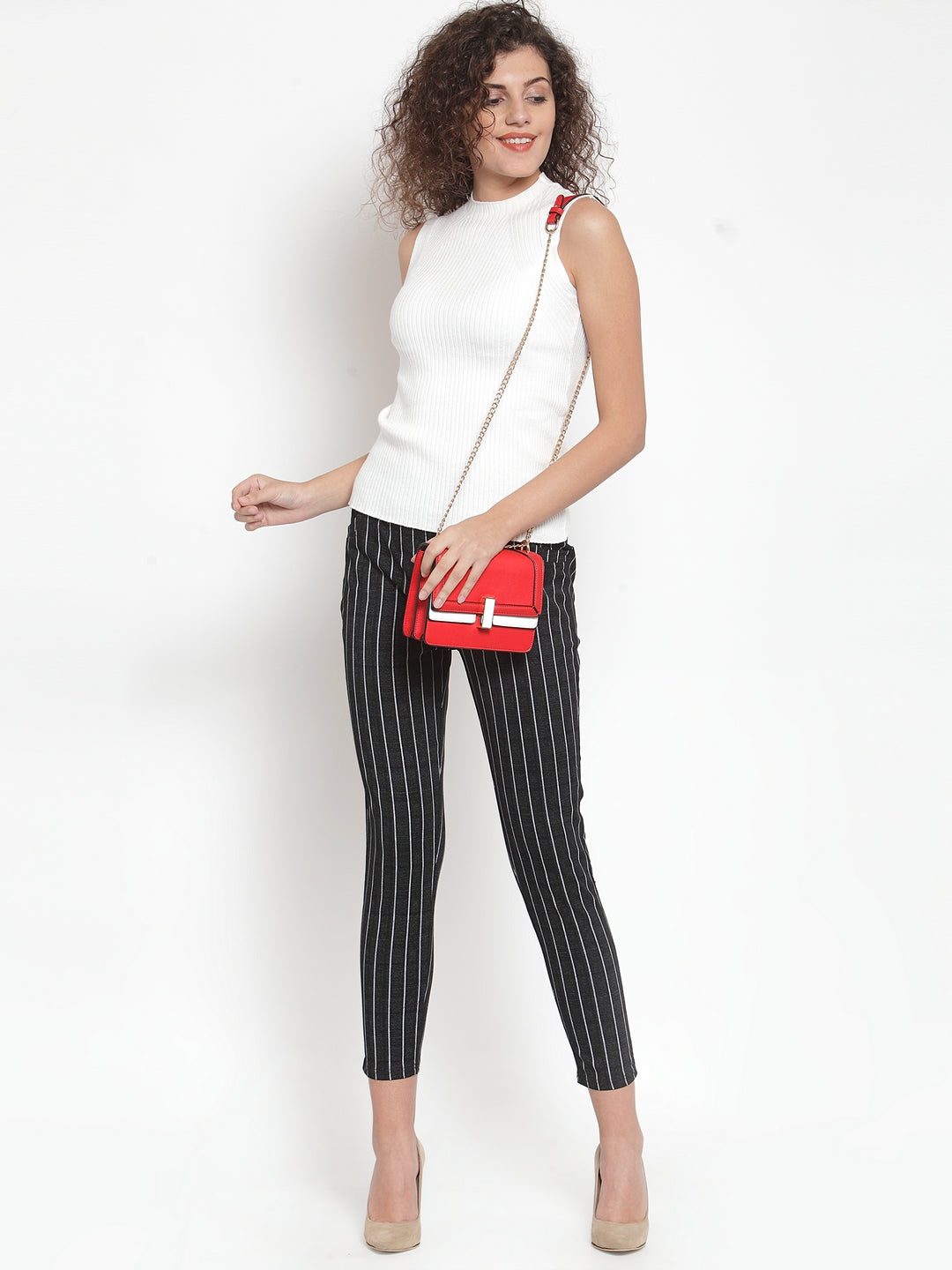 Women Black Striped Mid Rise Stretchable Jegging