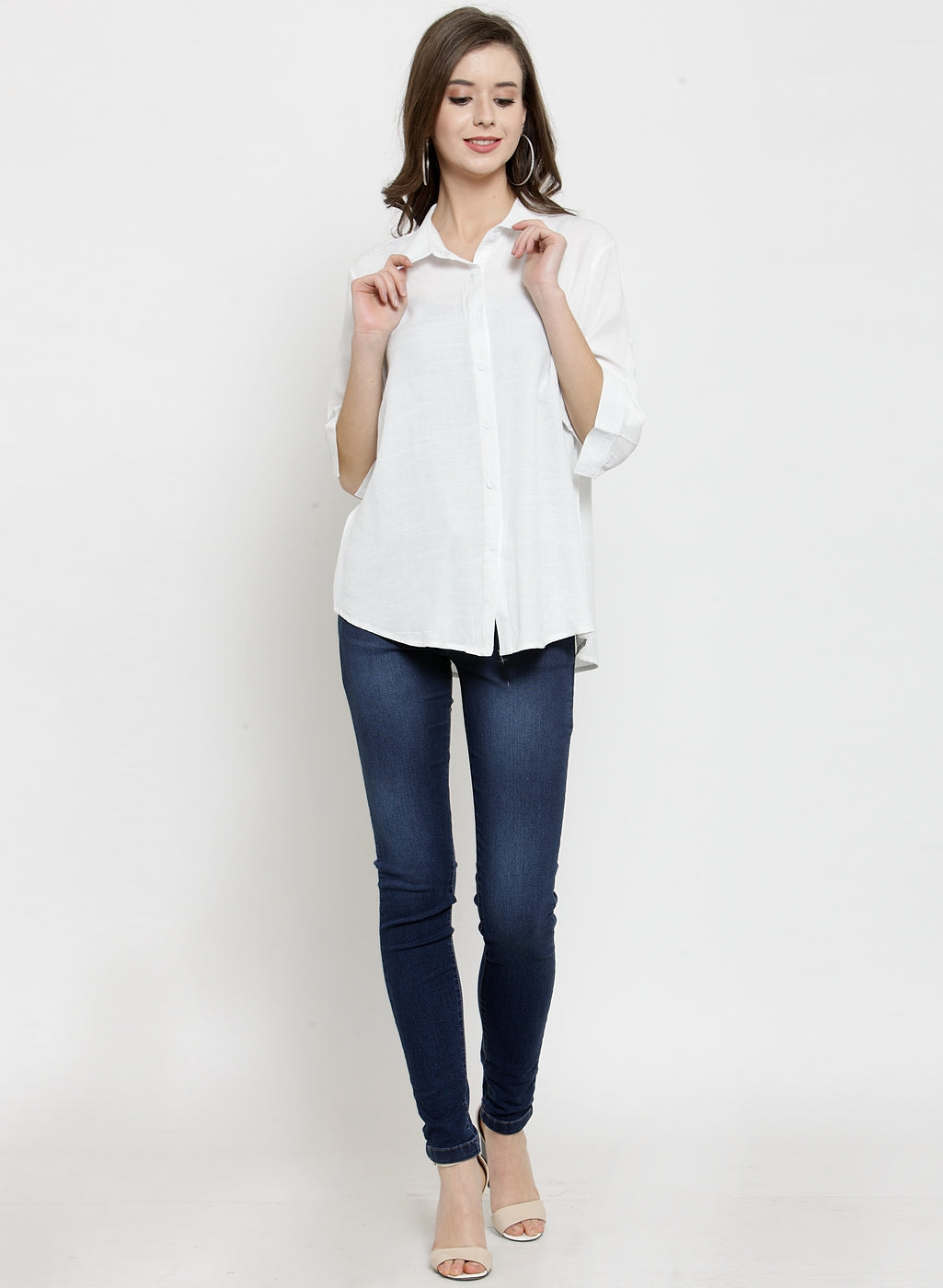 Women Plain Sky And White Combo Of 2 Collar Shirt