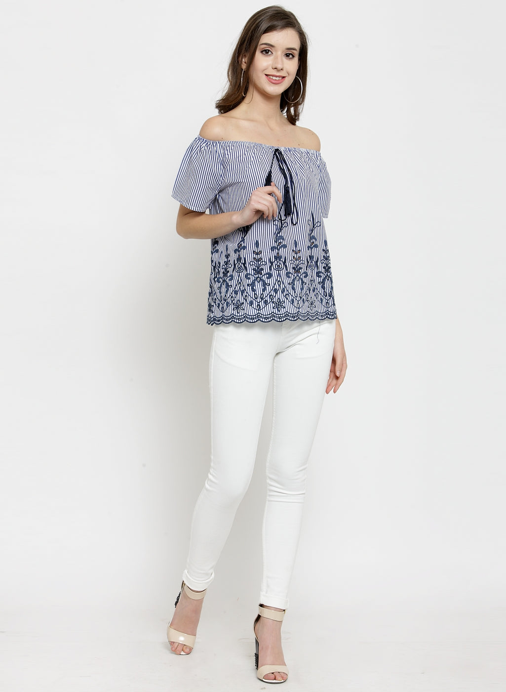 Women Embroidered Navy Blue Off Shoulder Top