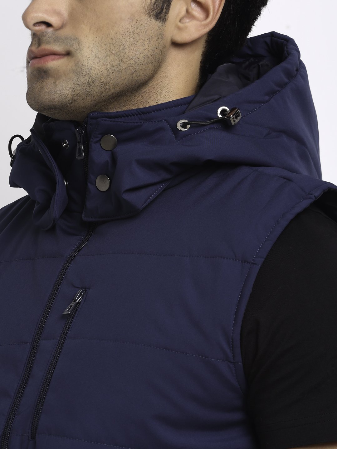 Navy Blue Hooded Solid Jacket - Global Republic