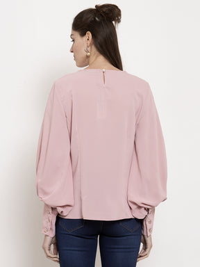 Women Pink Solid Full Sleeve V-Neck Top