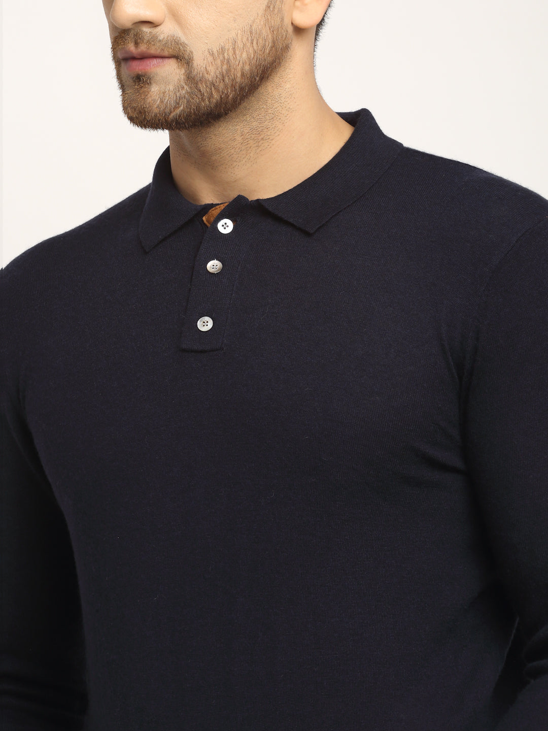 Men Navy Blue Polo Neck Knit Solid Pullover - Global Republic