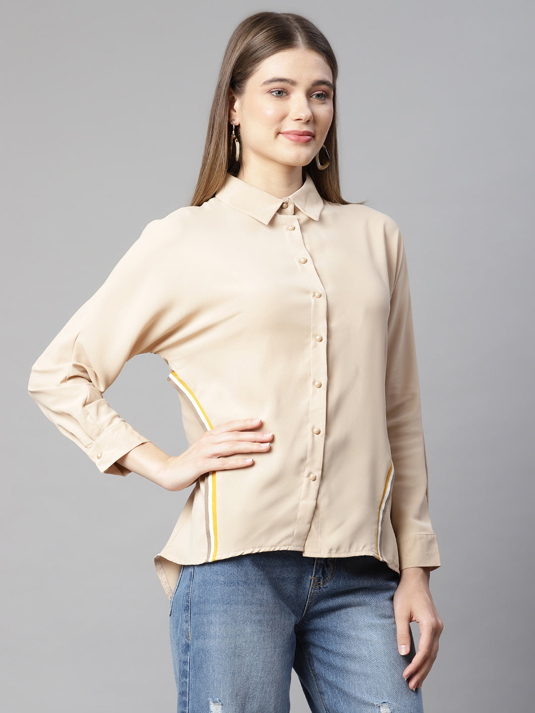 women beige striped long shirt