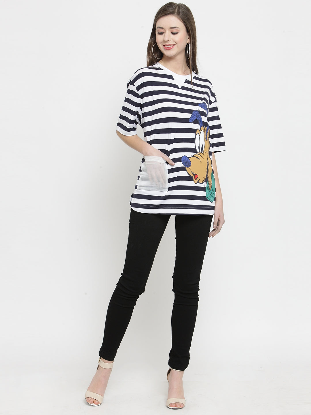 Women Navy Blue Striped Round Neck Regular Fit T-Shirts