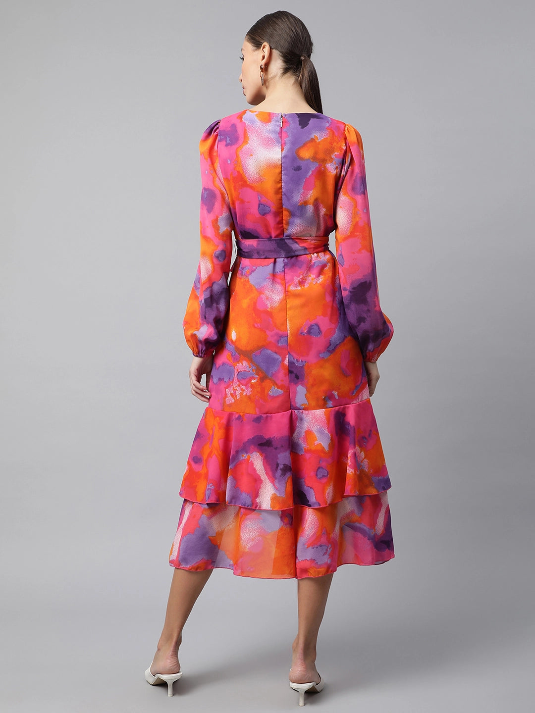 women multi ruffled floral print flared dress