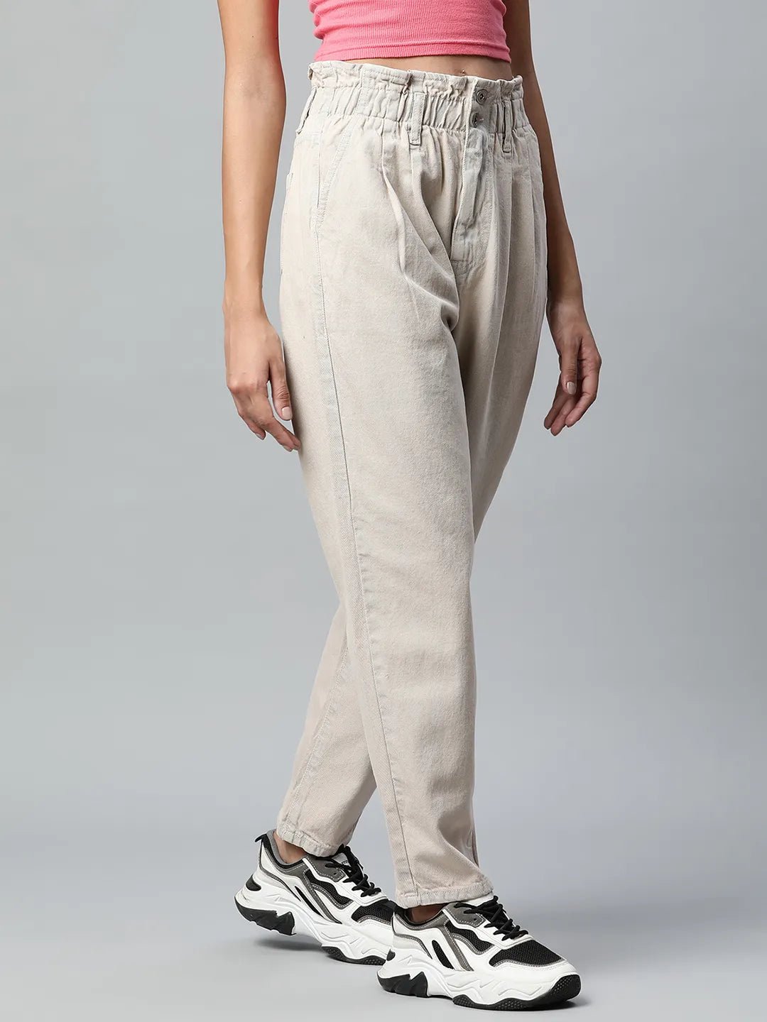 Women Tapered Full Length Beige Paper Waist Jeans - Global Republic