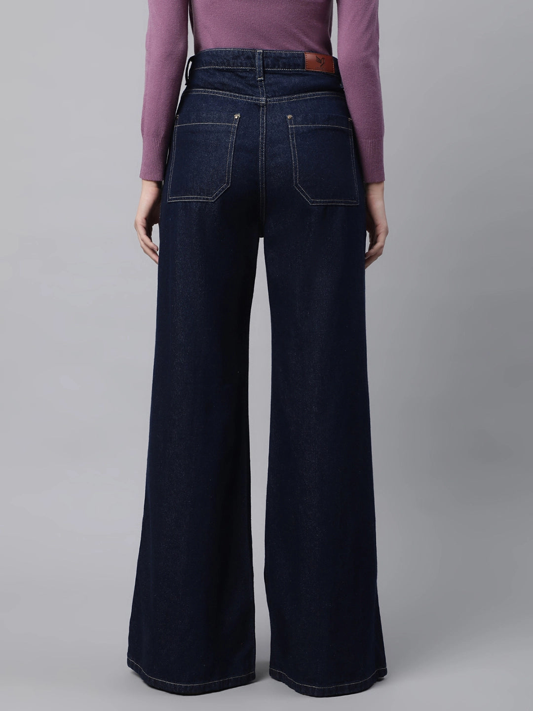 Women Dark Blue Contrast Stitch Wide Leg High Rise Jeans - Global Republic