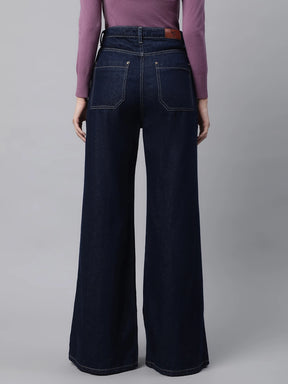 Women Dark Blue Contrast Stitch Wide Leg Mid Rise Jeans