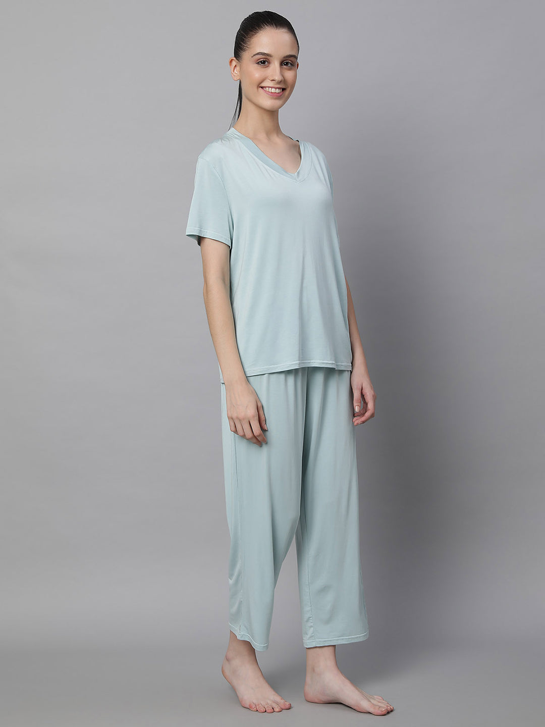 Women Green V-Neck Hosiery Loose Fit Night Suit Set - Global Republic